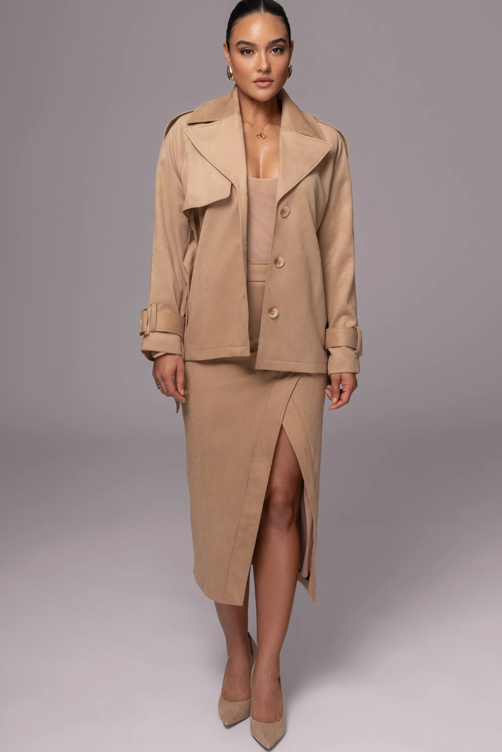 JLUXLABEL Beige Audrey Suede Midi Skirt