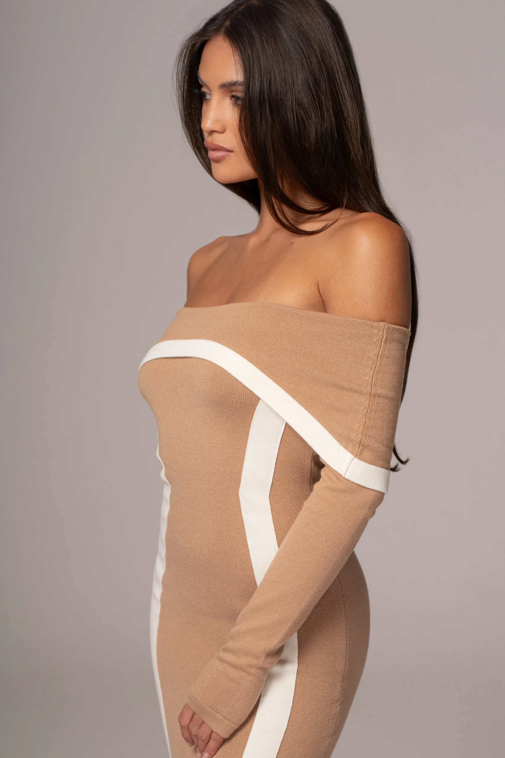JLUXLABEL Beige Janet Off Shoulder Maxi Dress