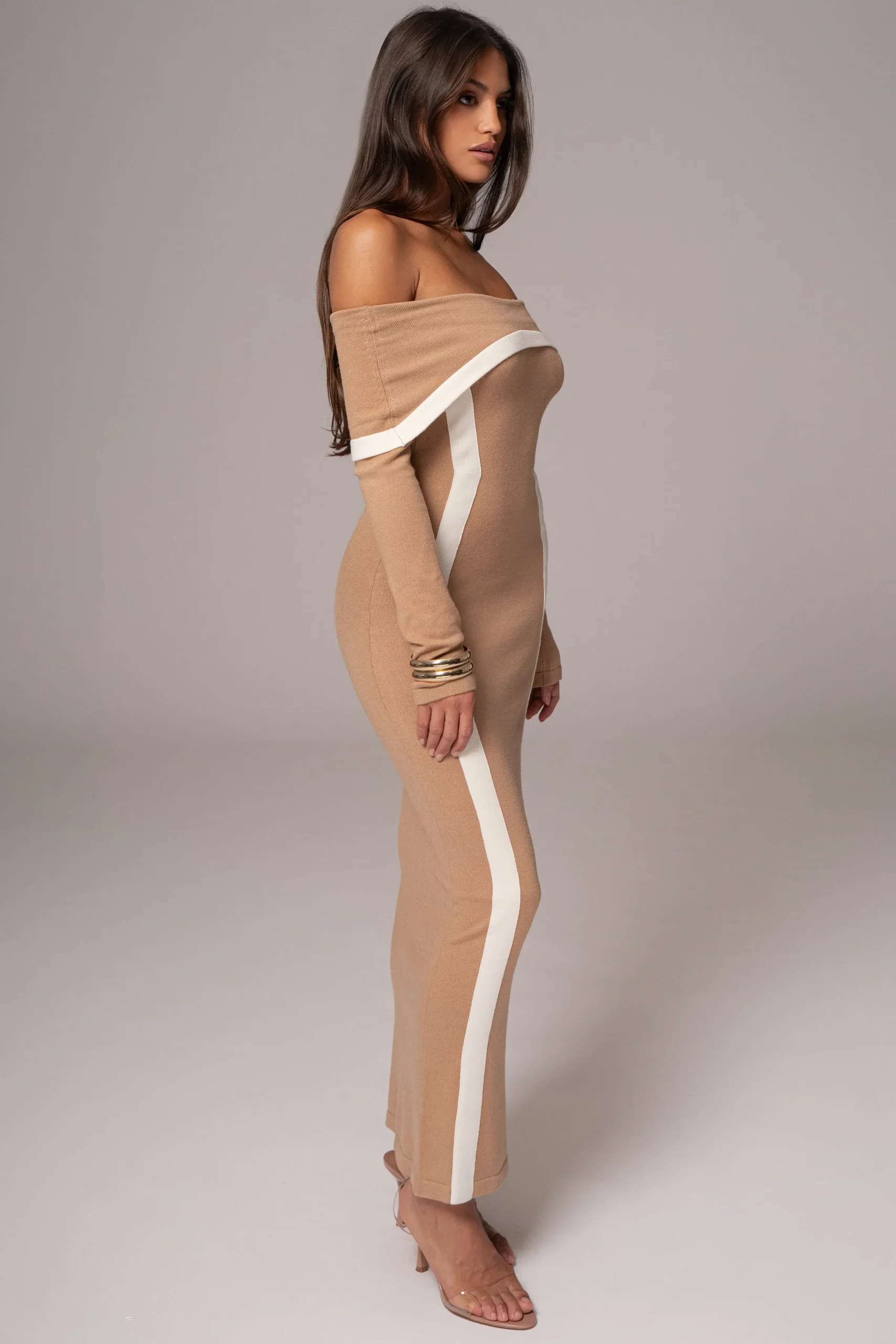 JLUXLABEL Beige Janet Off Shoulder Maxi Dress