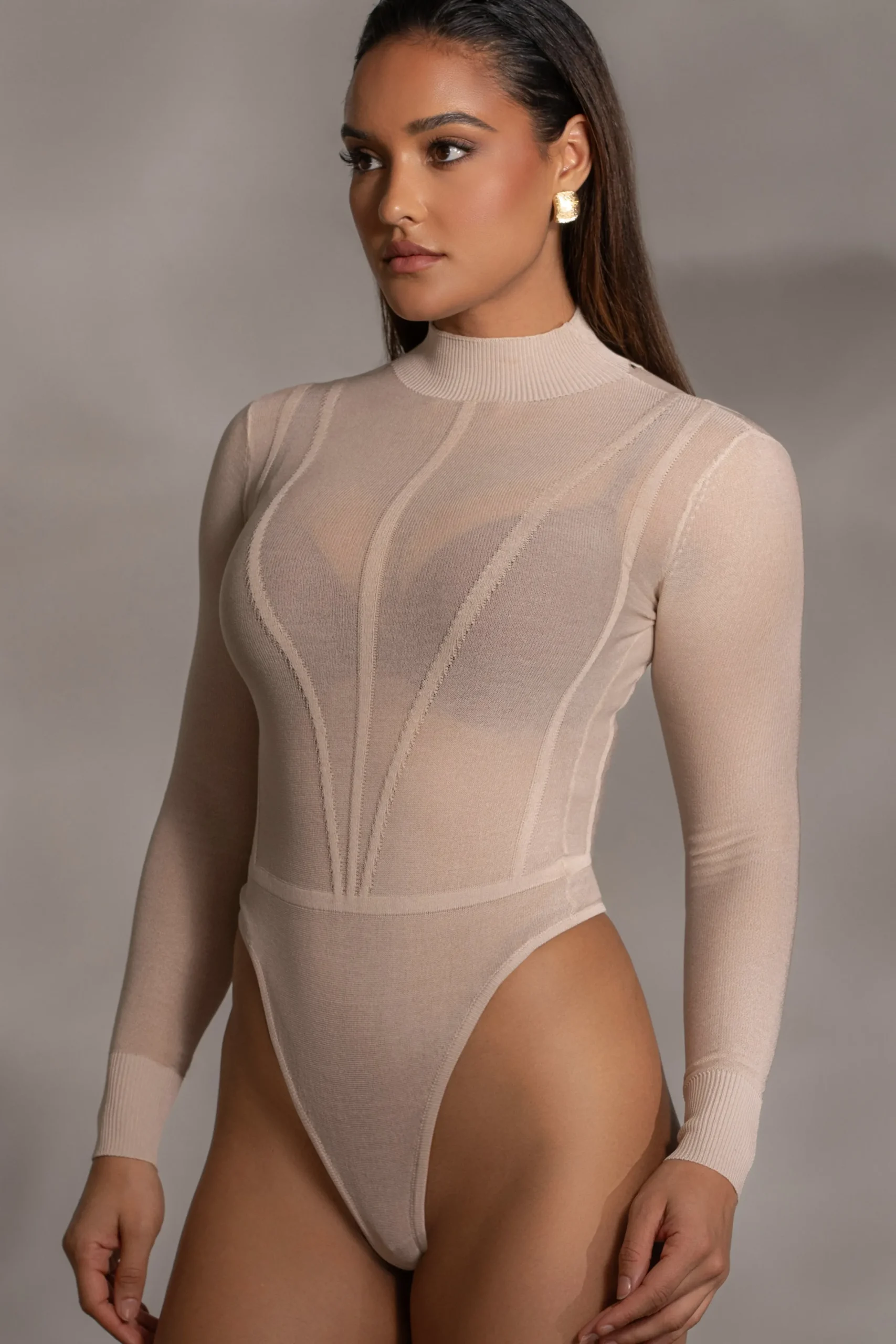 JLUXLABEL Beige Lori Sheer Knit Bodysuit