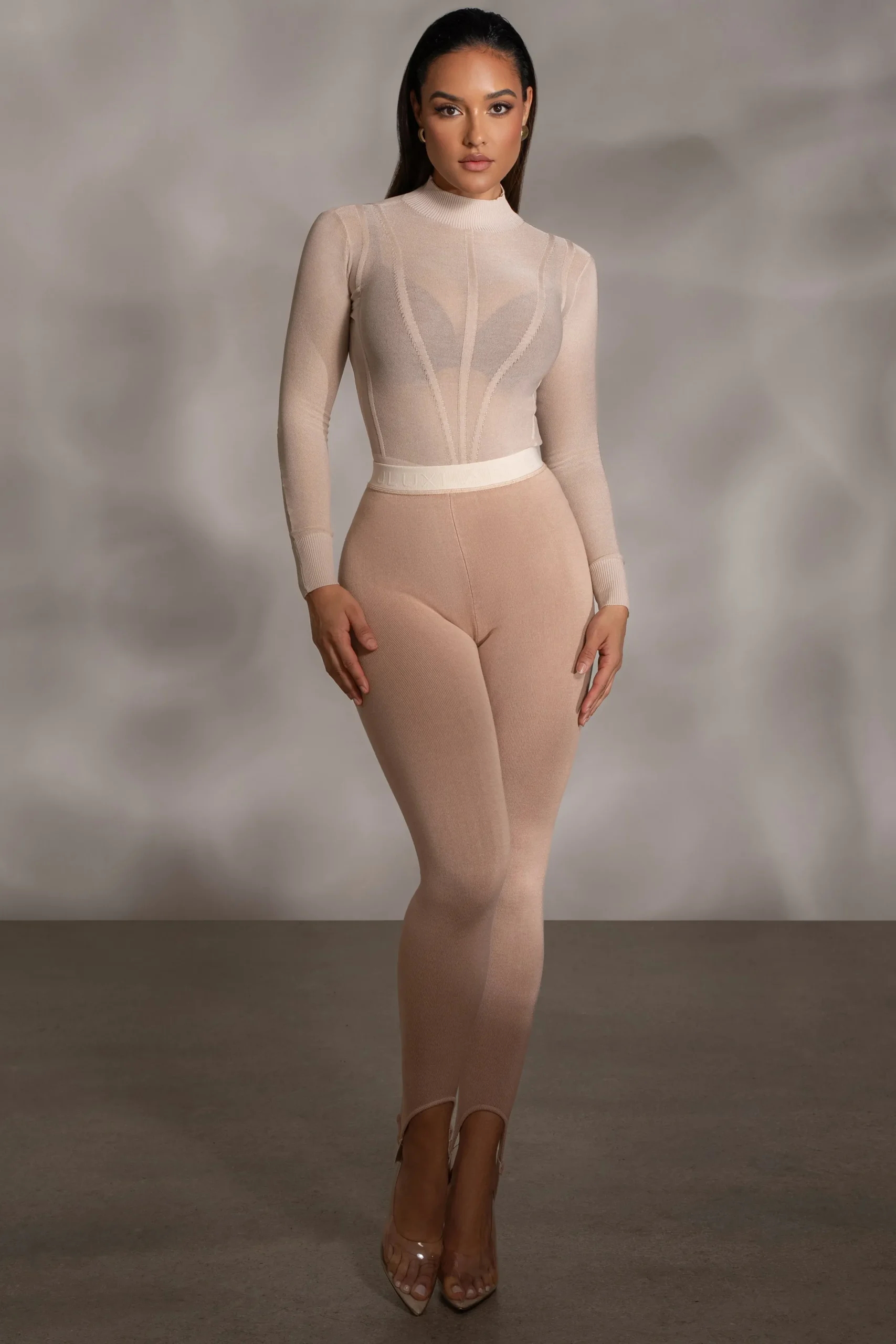 JLUXLABEL Beige Lori Sheer Knit Bodysuit