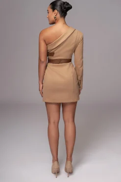 JLUXLABEL Beige One Shoulder Suede Blazer Dress