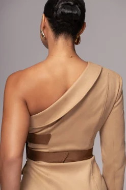 JLUXLABEL Beige One Shoulder Suede Blazer Dress