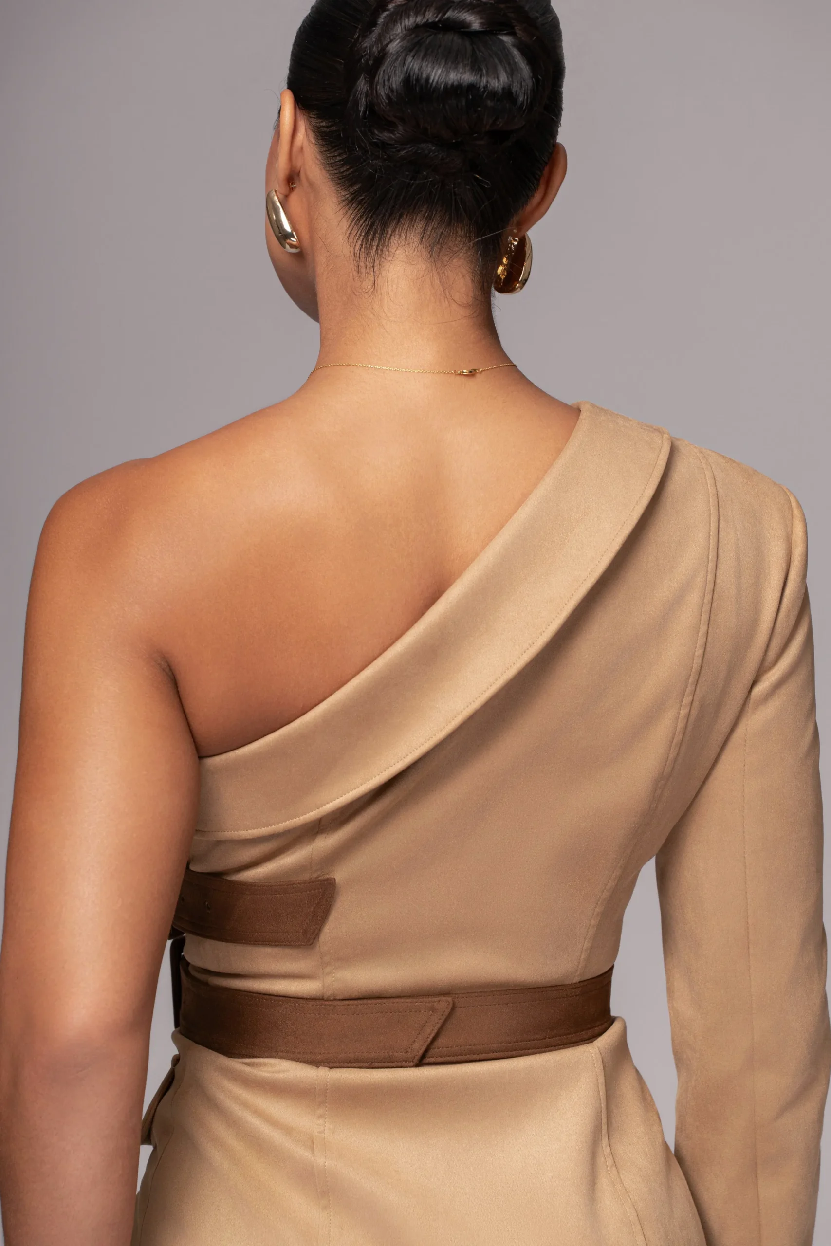 JLUXLABEL Beige One Shoulder Suede Blazer Dress