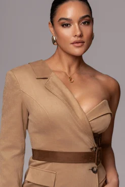 JLUXLABEL Beige One Shoulder Suede Blazer Dress
