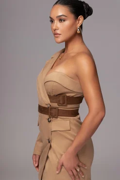 JLUXLABEL Beige One Shoulder Suede Blazer Dress
