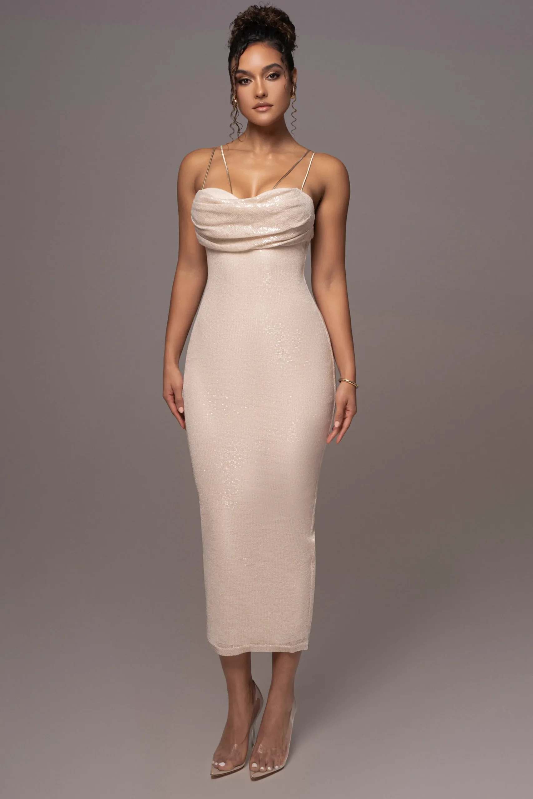 JLUXLABEL Beige Sequin Visions Of You Midi Dress