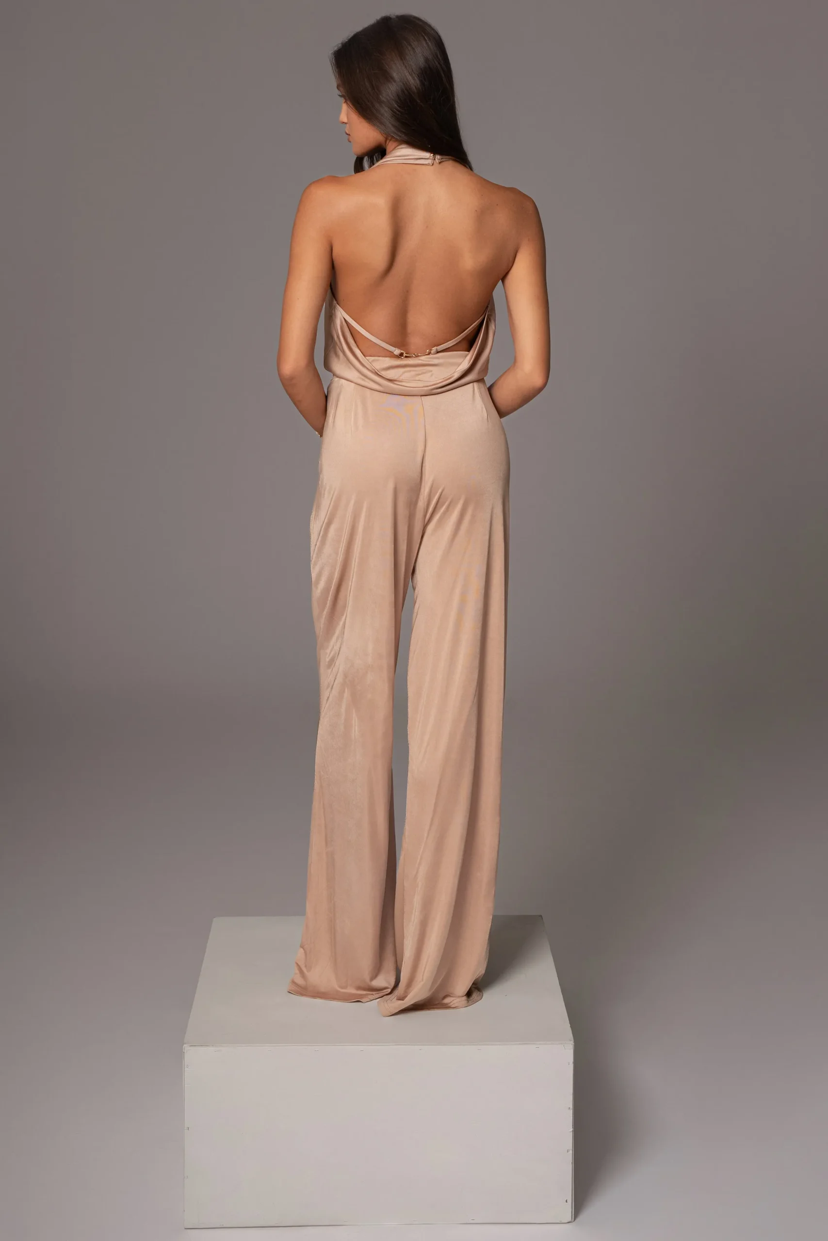 JLUXLABEL Beige Slinky Halter Belted Jumpsuit