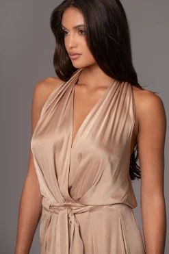 JLUXLABEL Beige Slinky Halter Belted Jumpsuit