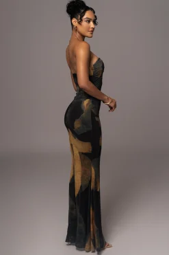 JLUXLABEL Black Abstract Bethany Strapless Maxi Dress
