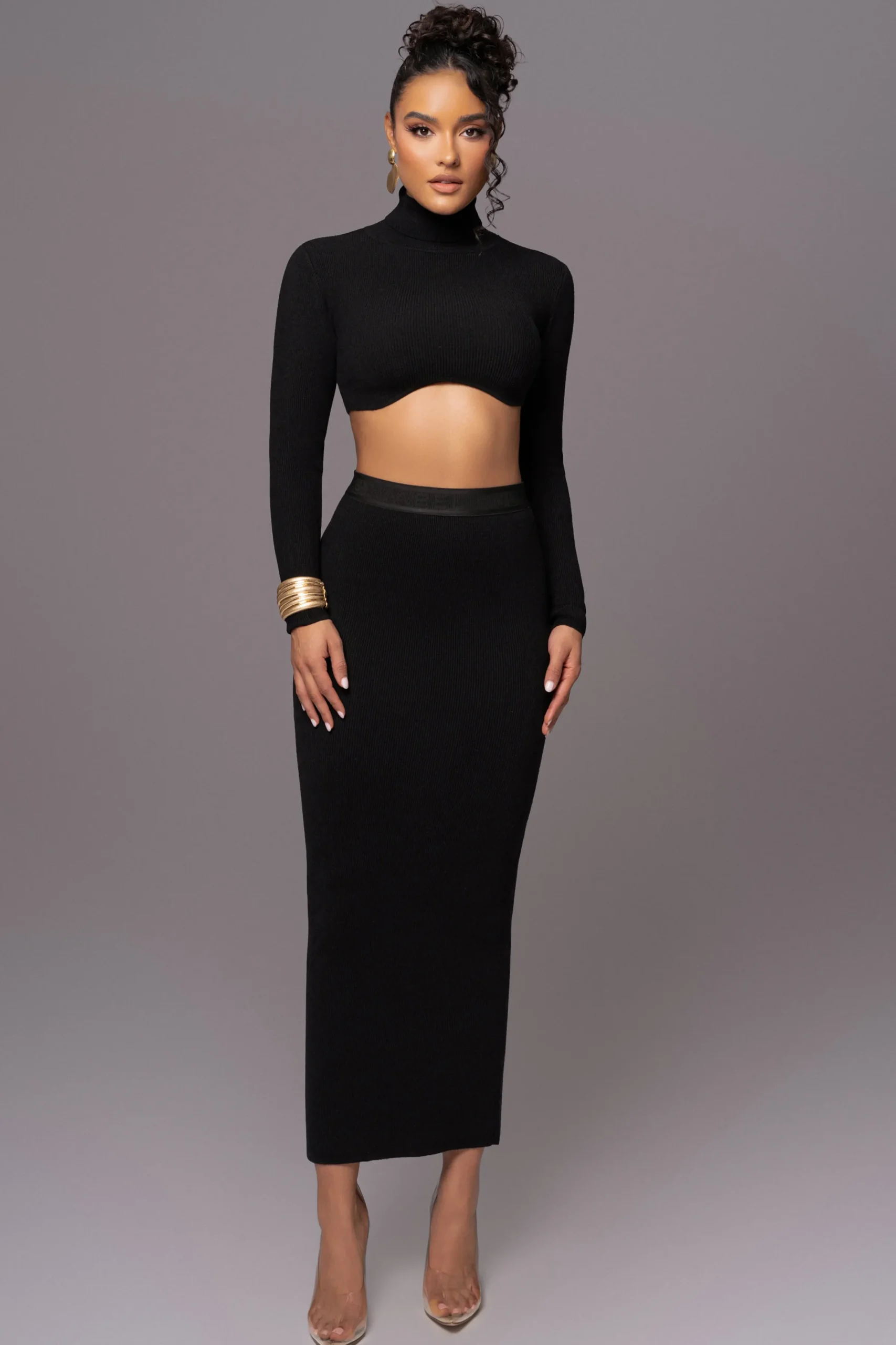 JLUXLABEL Black Anise Ribbed Skirt Set