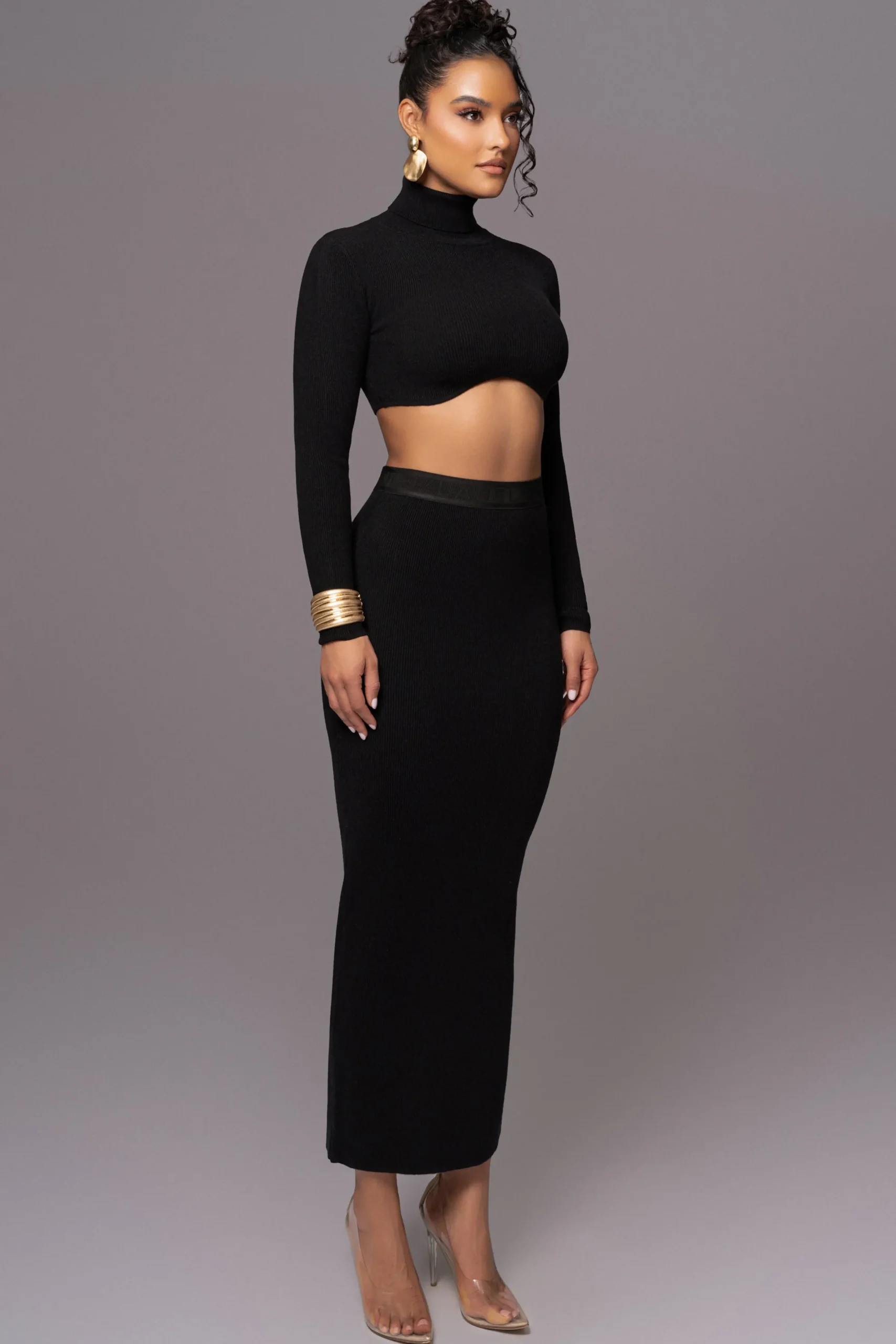 JLUXLABEL Black Anise Ribbed Skirt Set