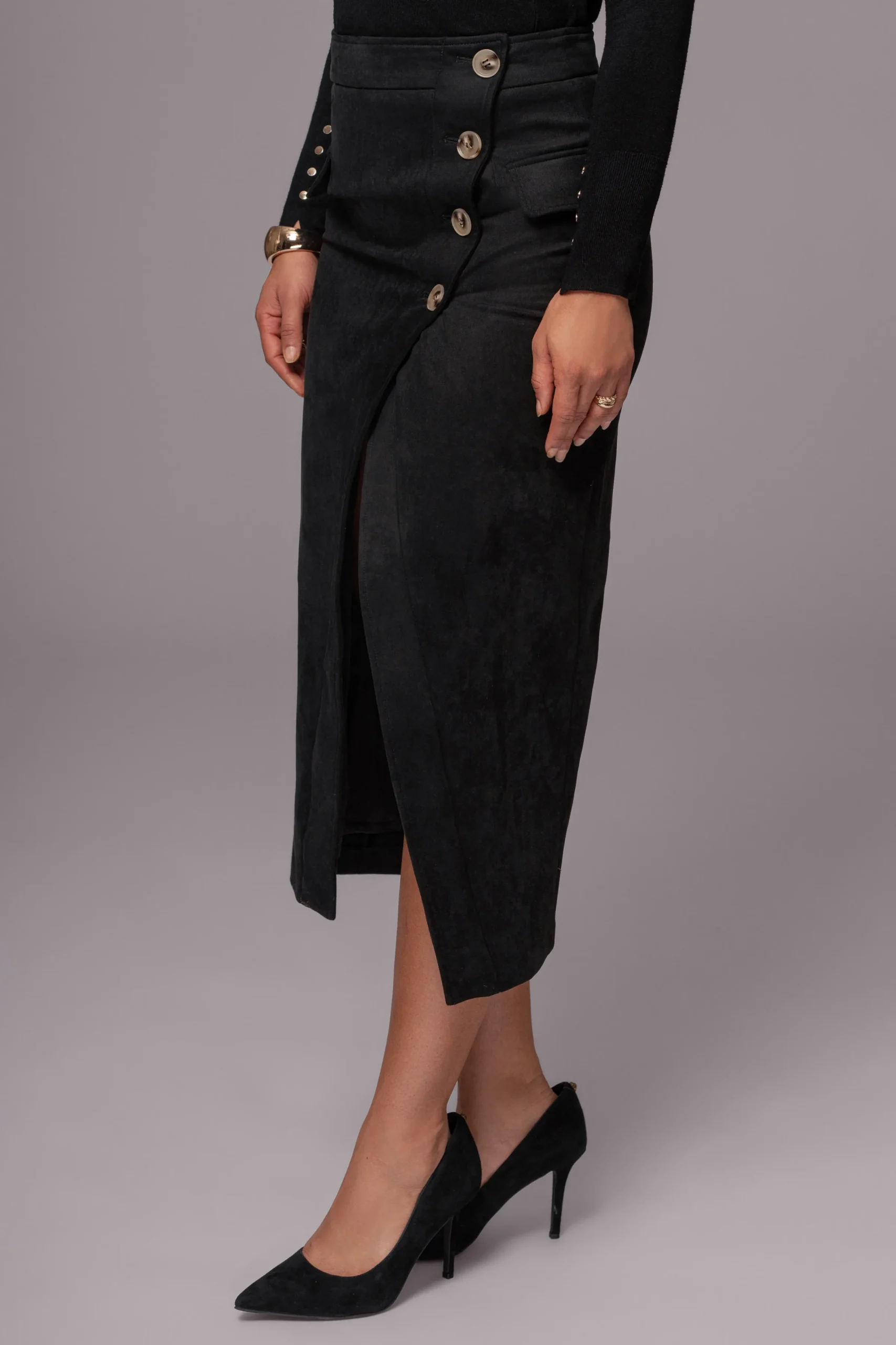 JLUXLABEL Black Audrey Suede Midi Skirt