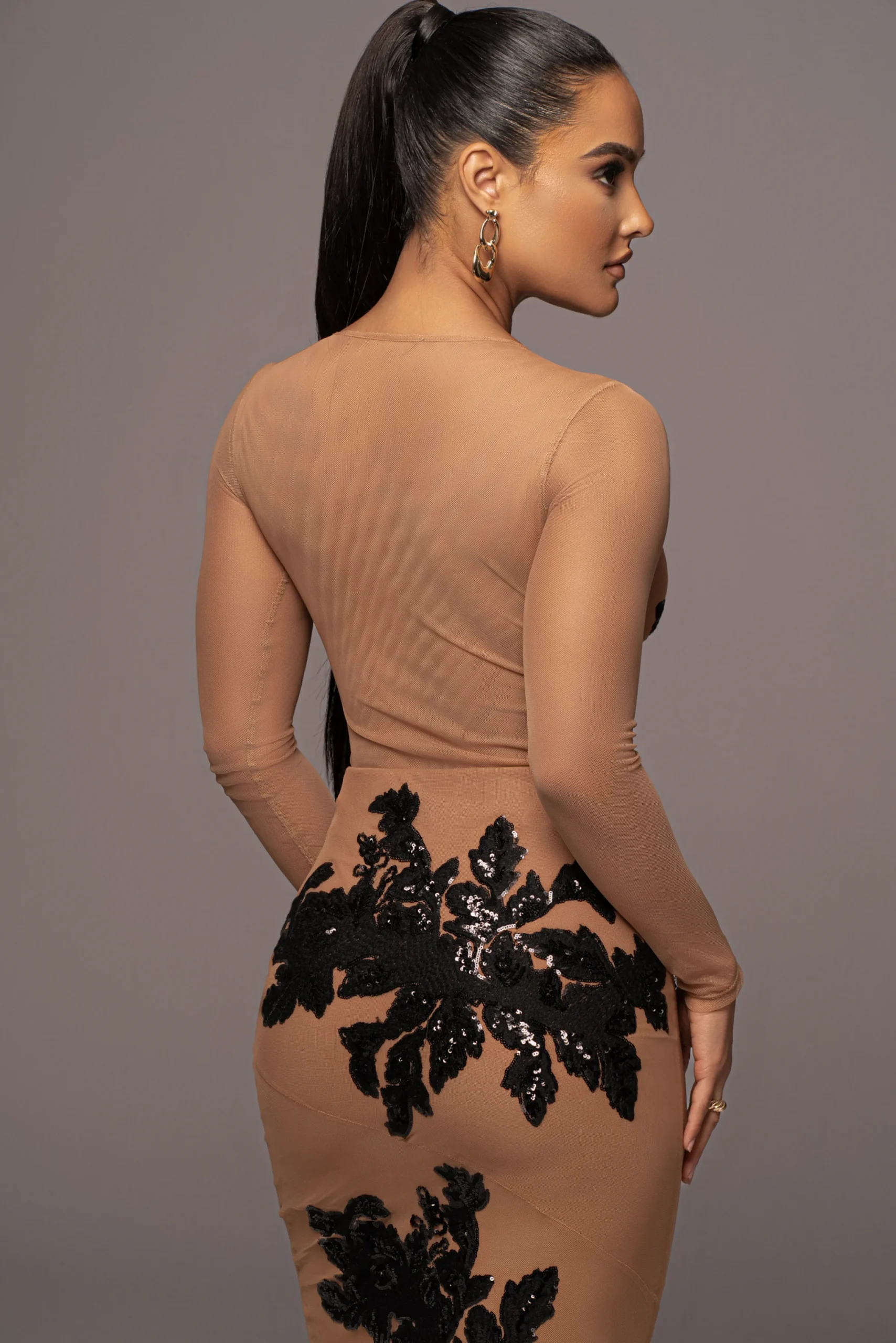 JLUXLABEL Black Charmed Embroidered Mesh Bodysuit