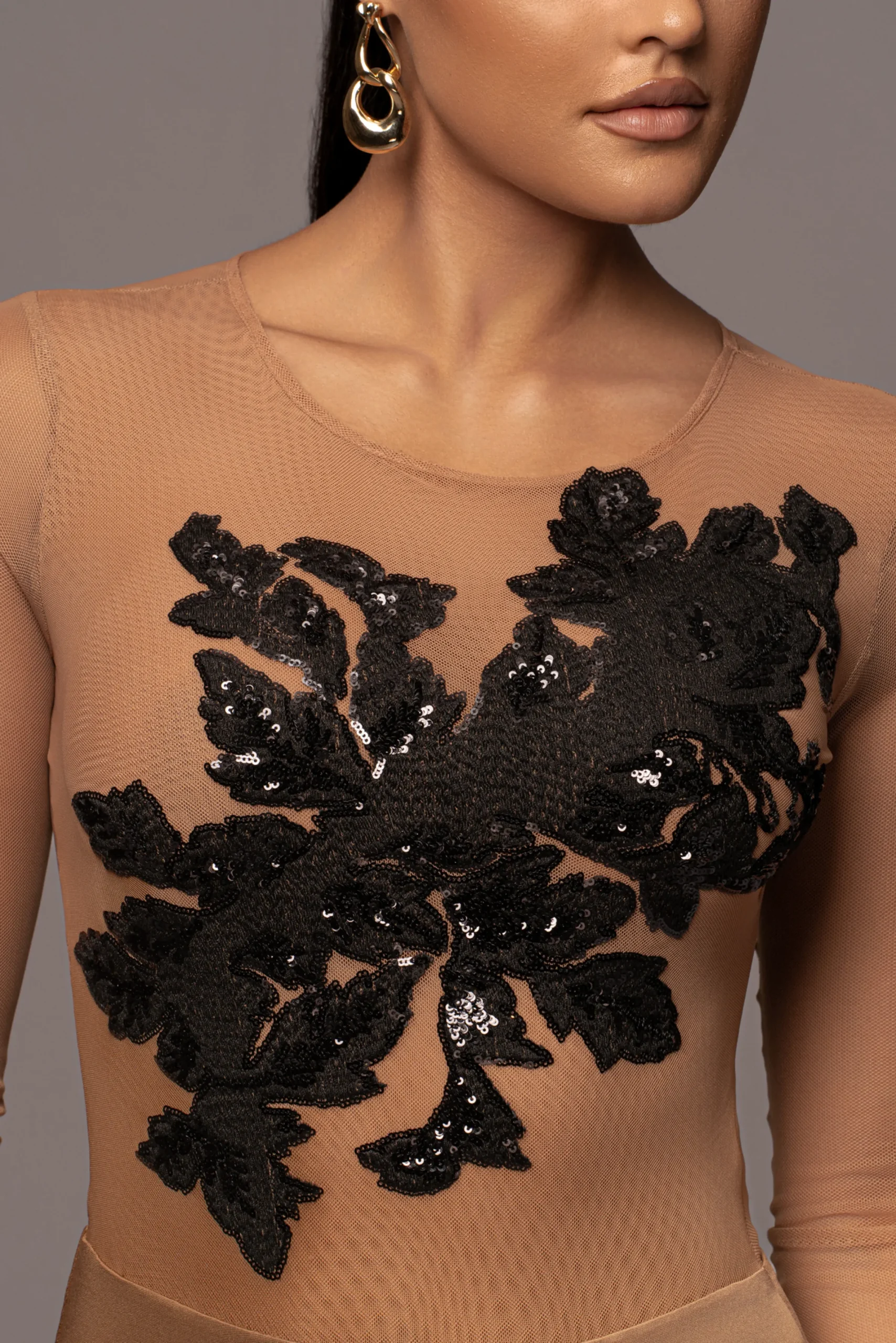 JLUXLABEL Black Charmed Embroidered Mesh Bodysuit