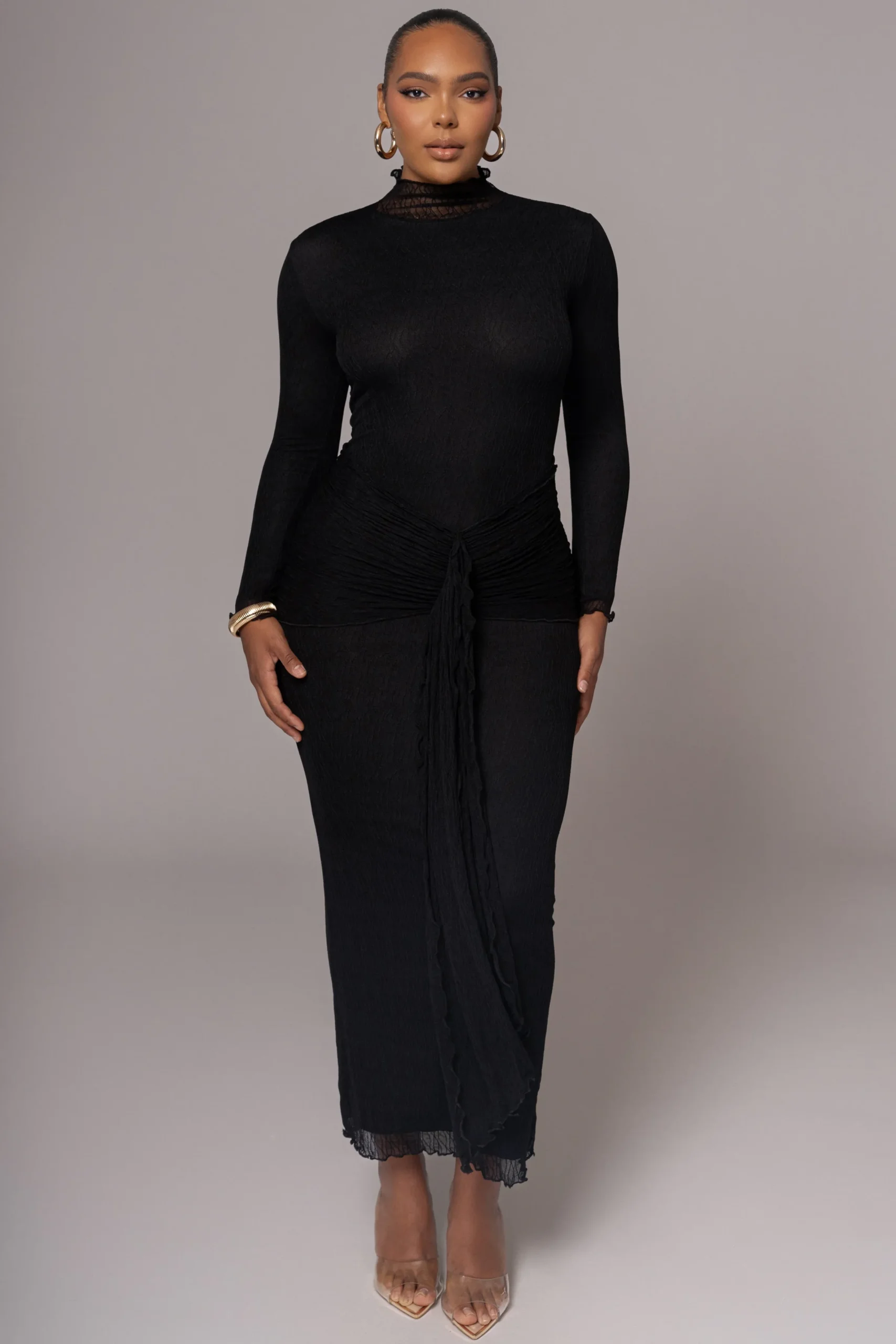 JLUXLABEL Black Drape Mock Neck Dress