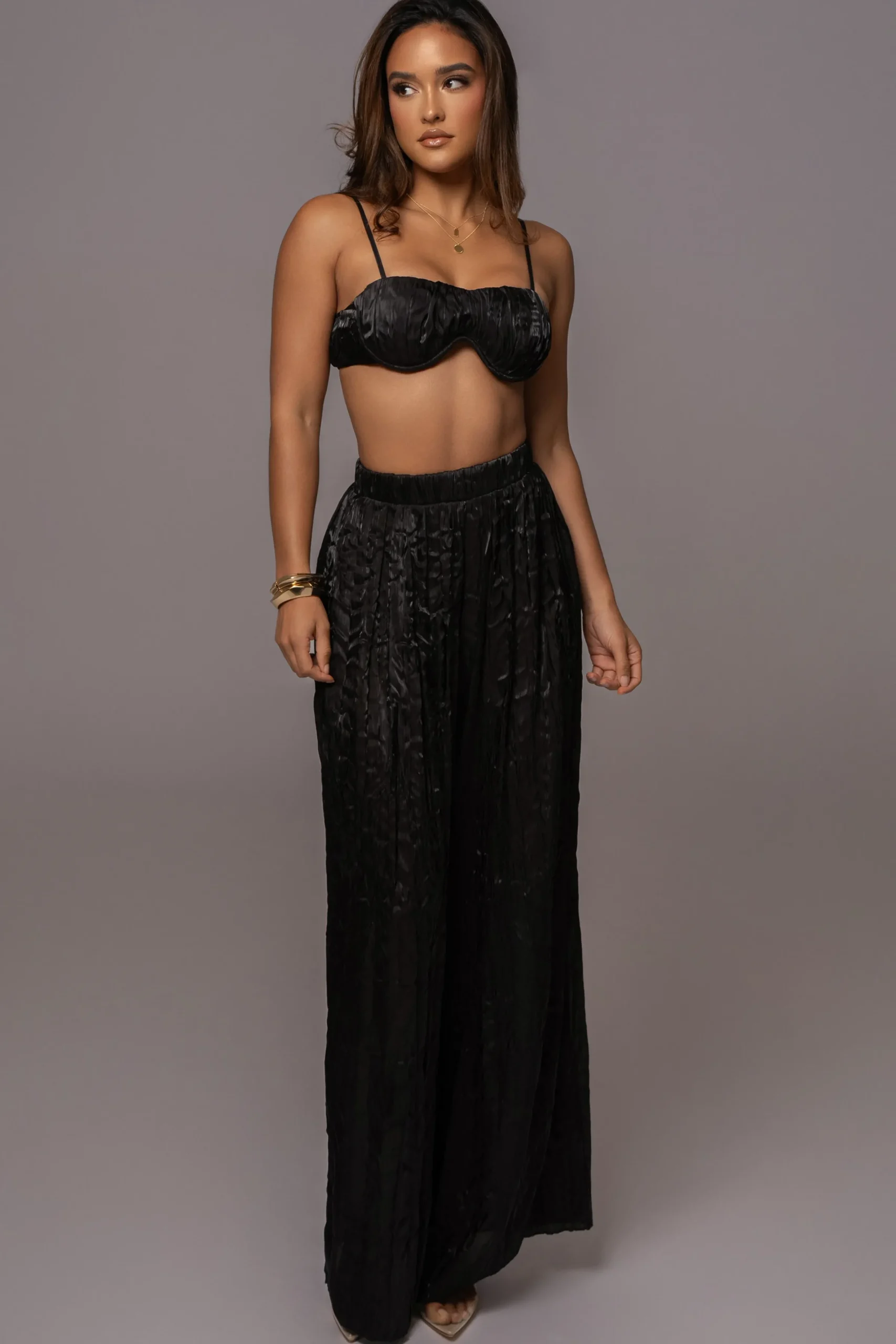 JLUXLABEL Black Lets Get Away Satin Pant Set