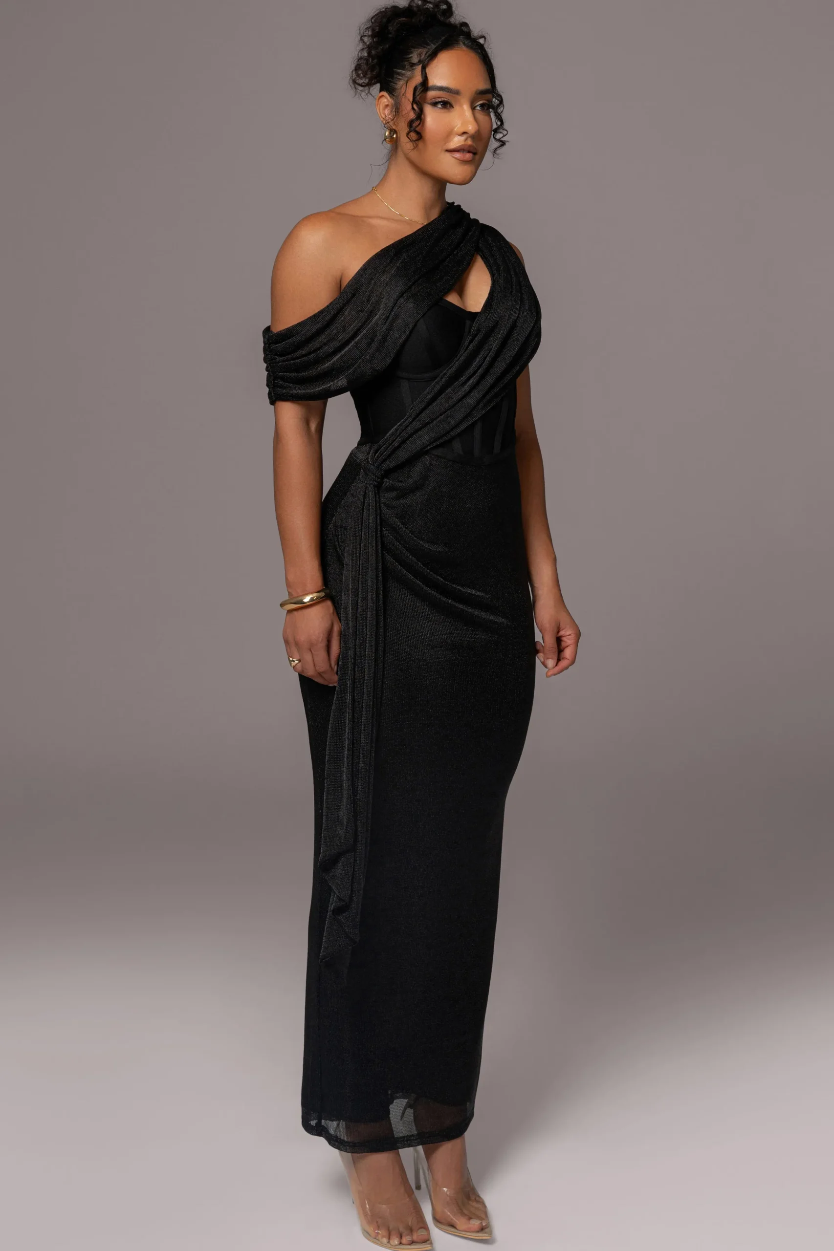 JLUXLABEL Black Metallic Celestina Draped Maxi Dress