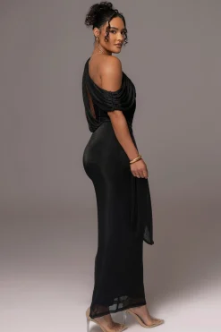 JLUXLABEL Black Metallic Celestina Draped Maxi Dress