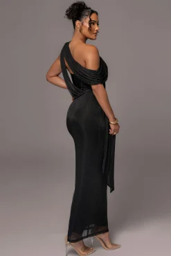 JLUXLABEL Black Metallic Celestina Draped Maxi Dress
