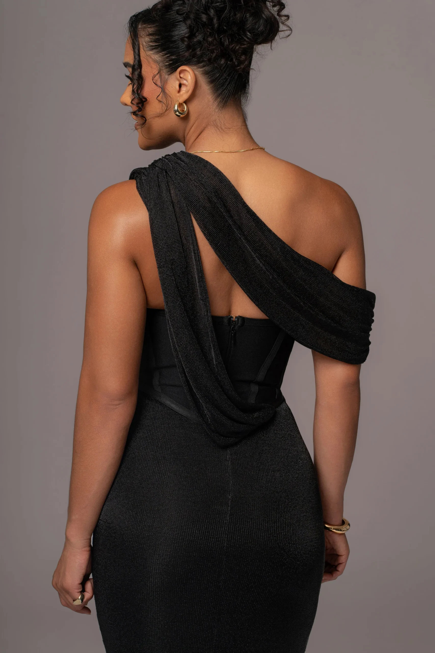 JLUXLABEL Black Metallic Celestina Draped Maxi Dress