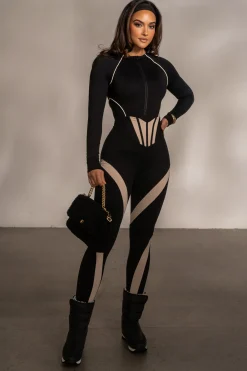 JLUXLABEL Black Rise Up Zip Front Bodysuit
