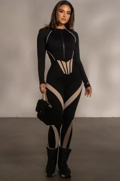 JLUXLABEL Black Rise Up Zip Front Bodysuit