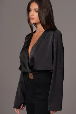 JLUXLABEL Black Satin Draped Top
