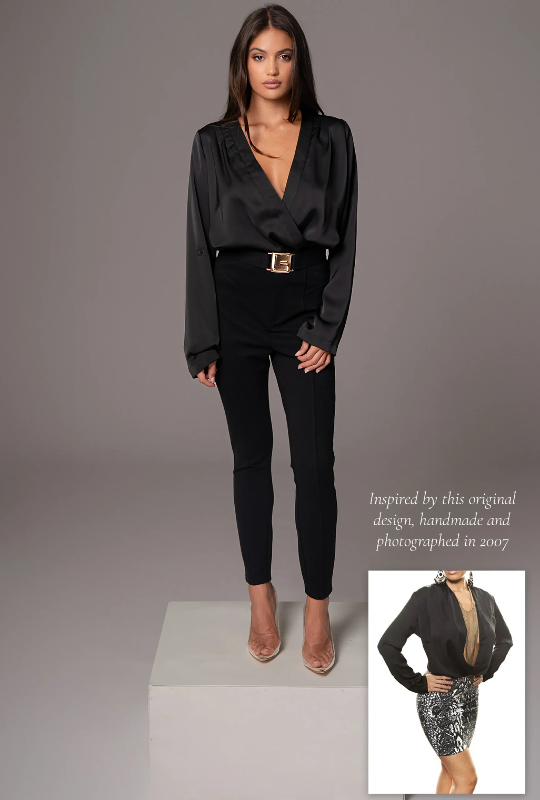 JLUXLABEL Black Satin Draped Top