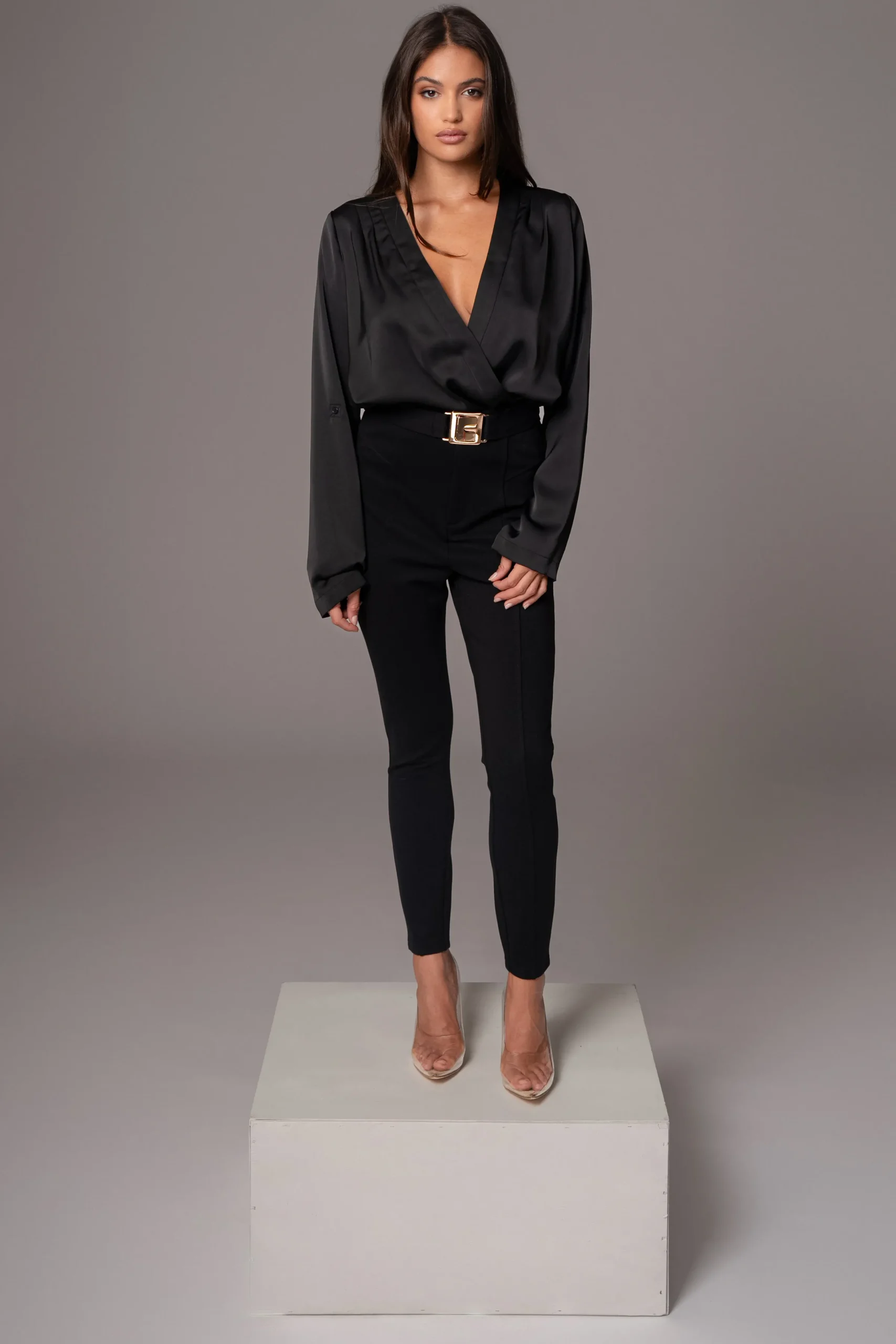 JLUXLABEL Black Satin Draped Top