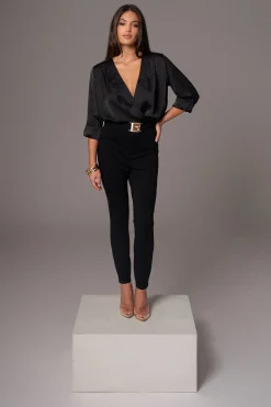 JLUXLABEL Black Satin Draped Top