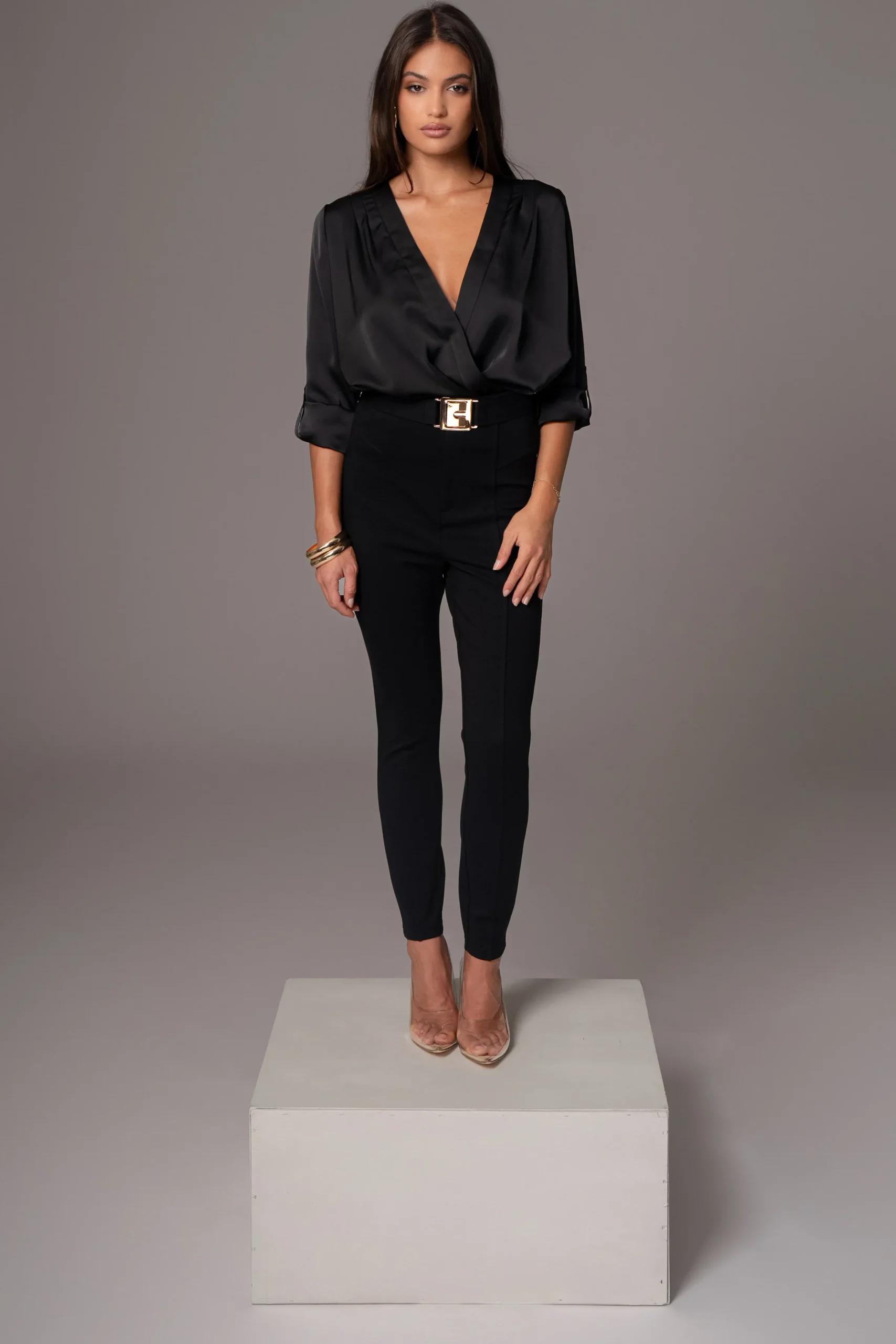 JLUXLABEL Black Satin Draped Top
