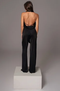 JLUXLABEL Black Slinky Halter Belted Jumpsuit