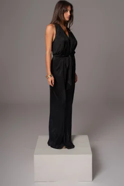 JLUXLABEL Black Slinky Halter Belted Jumpsuit