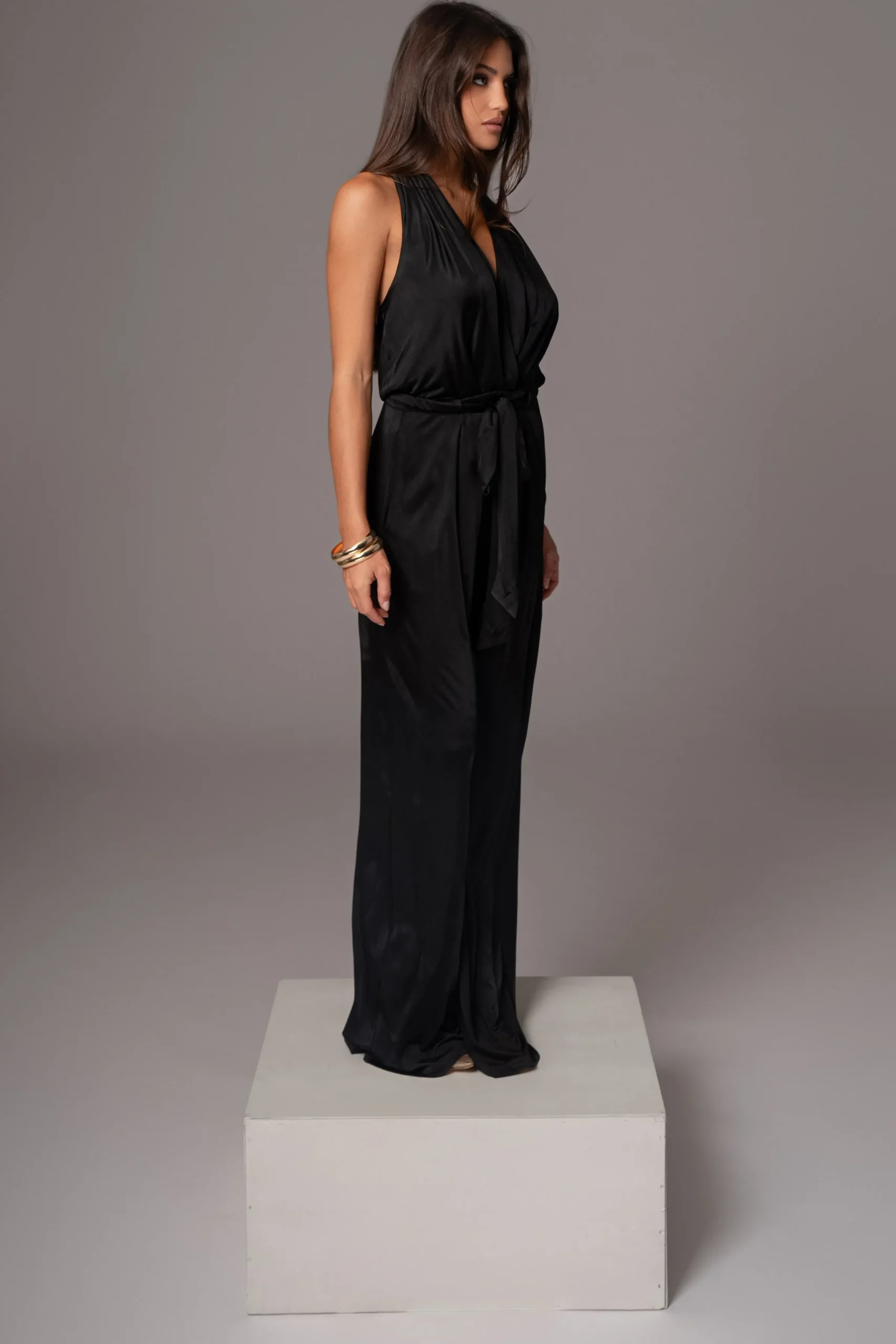 JLUXLABEL Black Slinky Halter Belted Jumpsuit