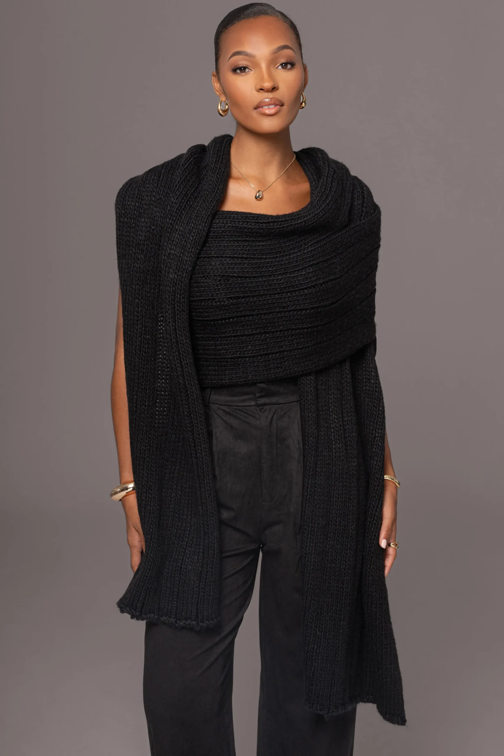 JLUXLABEL Black Soft Life Cable Knit Sweater Top