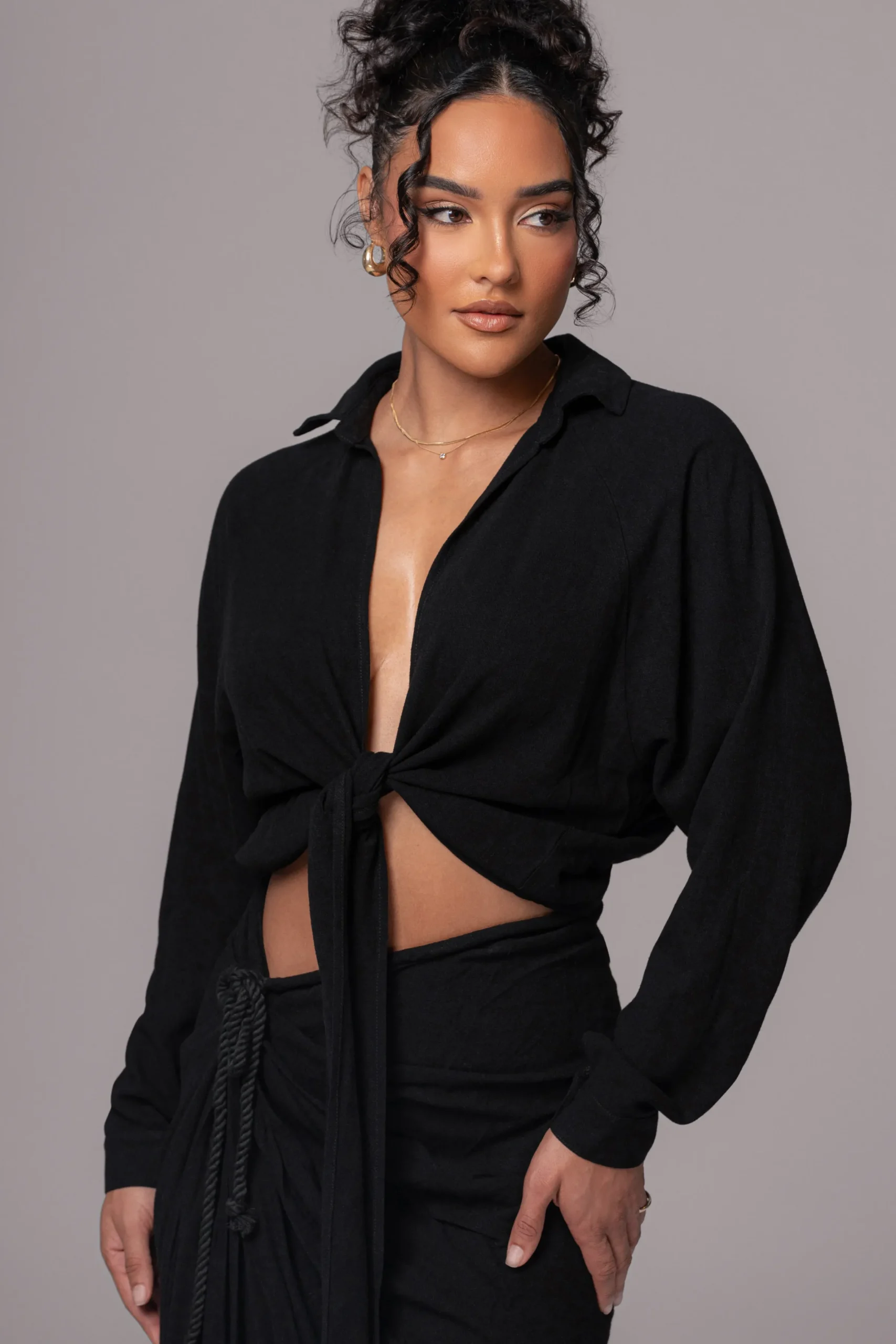 JLUXLABEL Black Soho Front Tied Woven Top