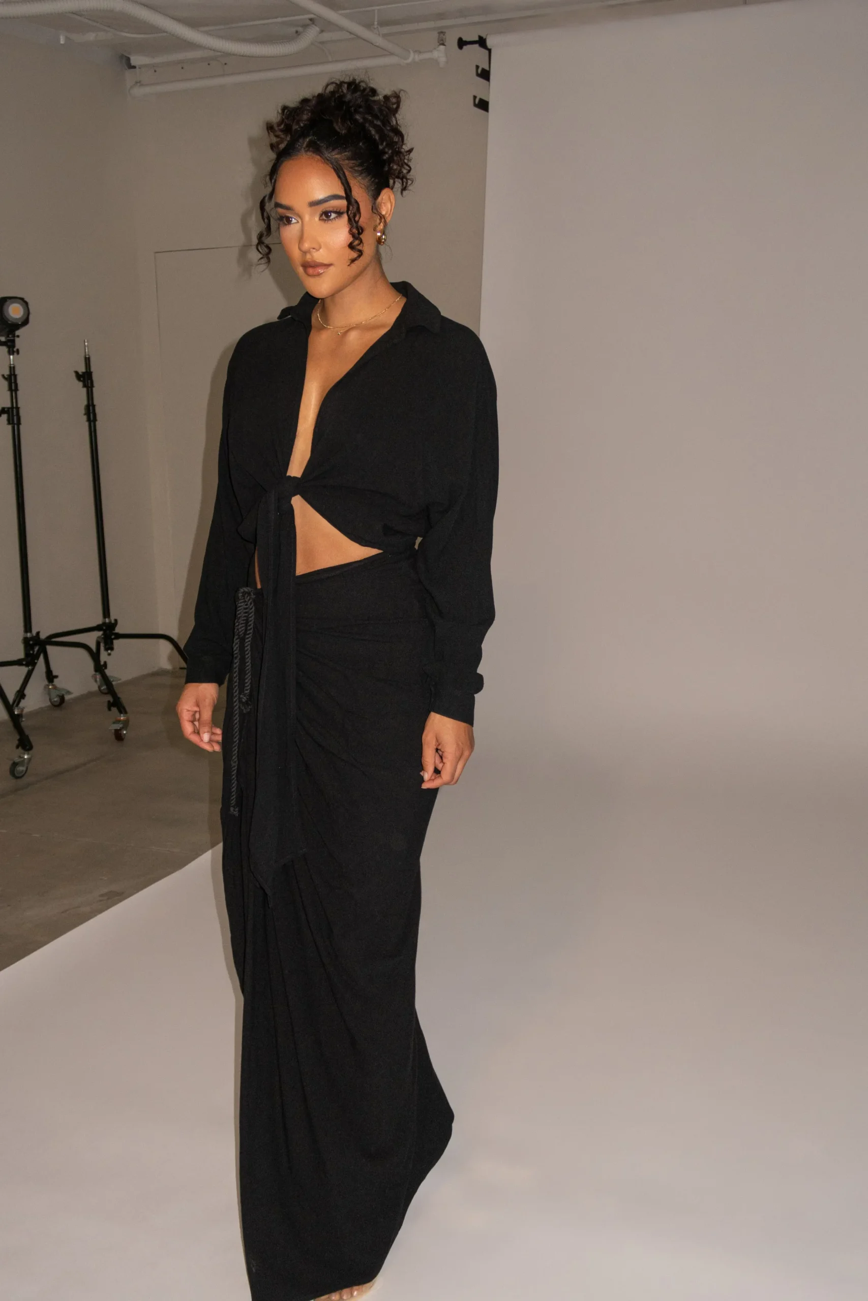 JLUXLABEL Black Soho Front Tied Woven Top