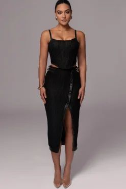 JLUXLABEL Black Textured Mystique Midi Skirt