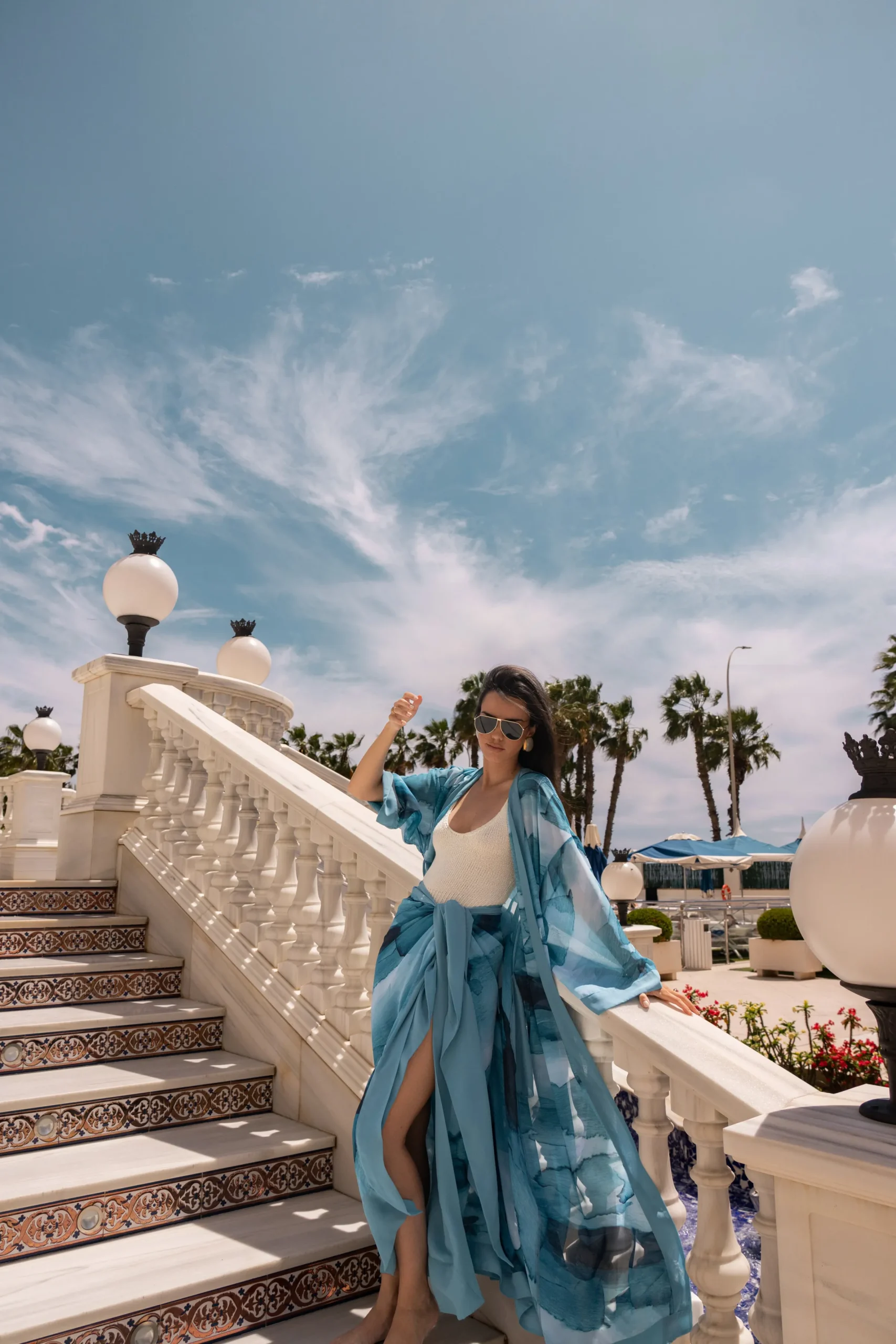 JLUXLABEL Blue Abstract Marine Print Sarong