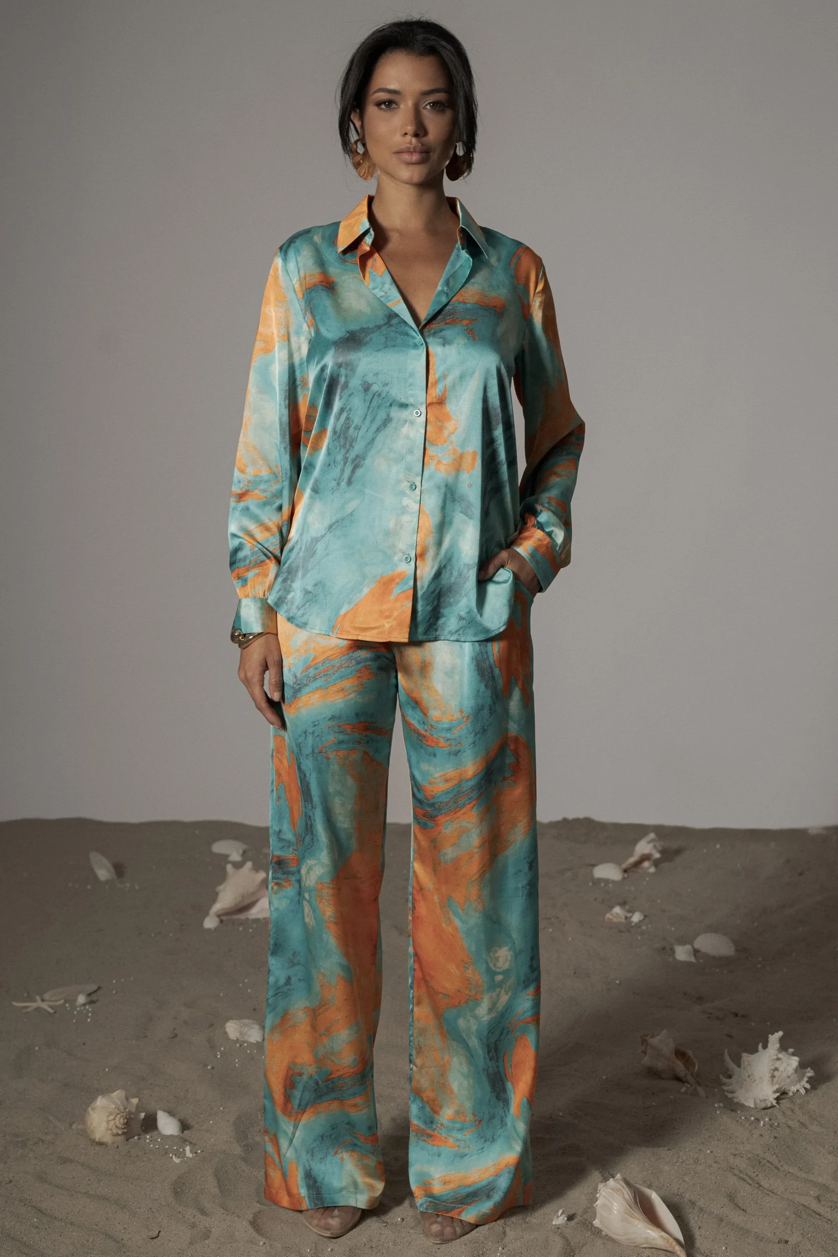 JLUXLABEL Blue Hidden Gems Satin Pant Set