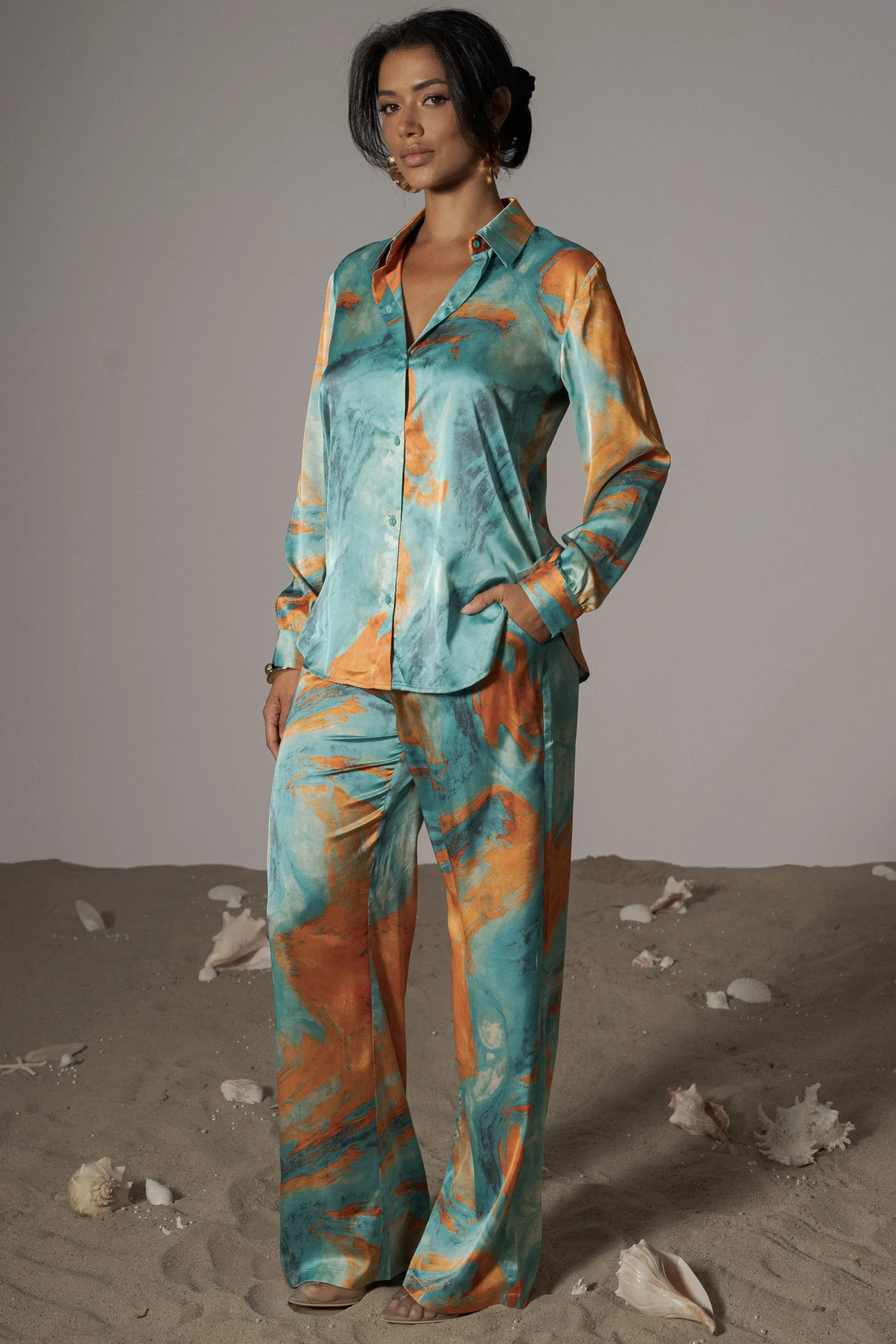 JLUXLABEL Blue Hidden Gems Satin Pant Set