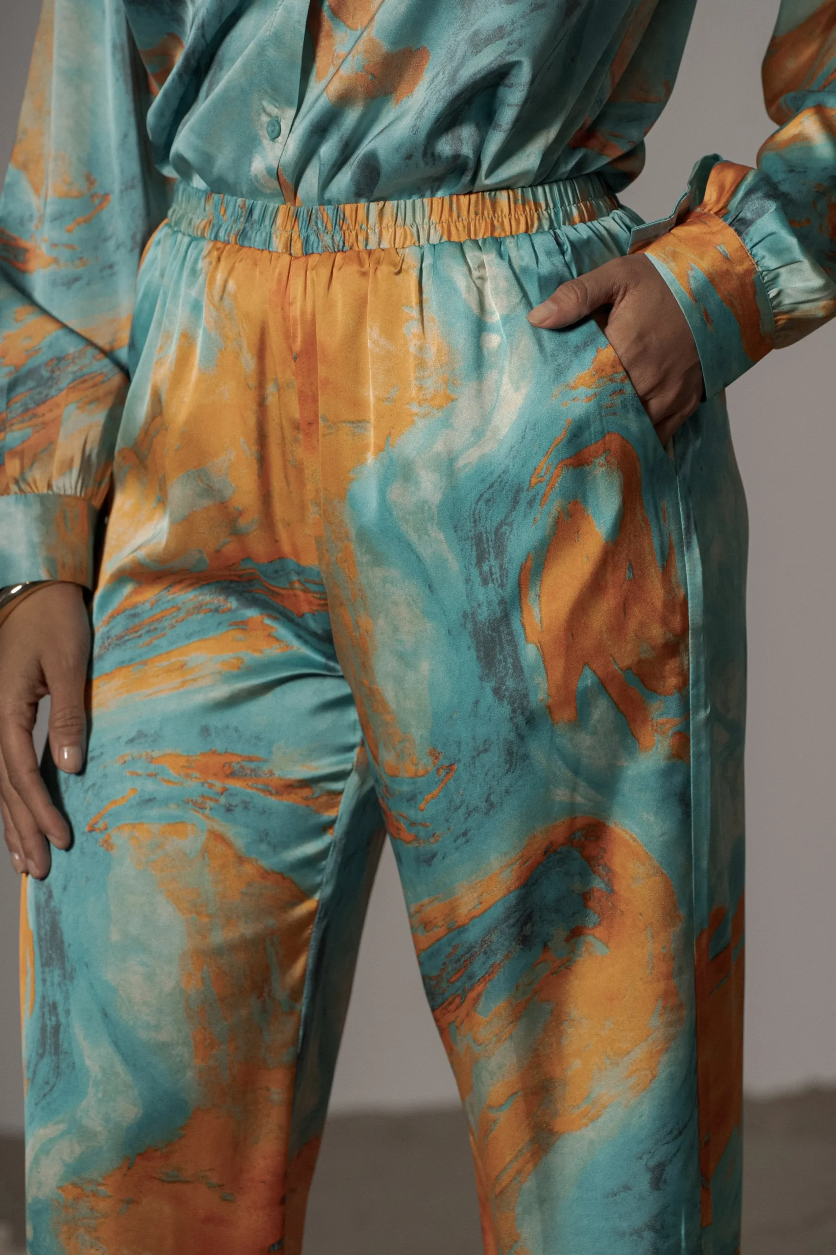 JLUXLABEL Blue Hidden Gems Satin Pant Set