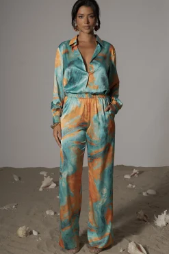JLUXLABEL Blue Hidden Gems Satin Pant Set