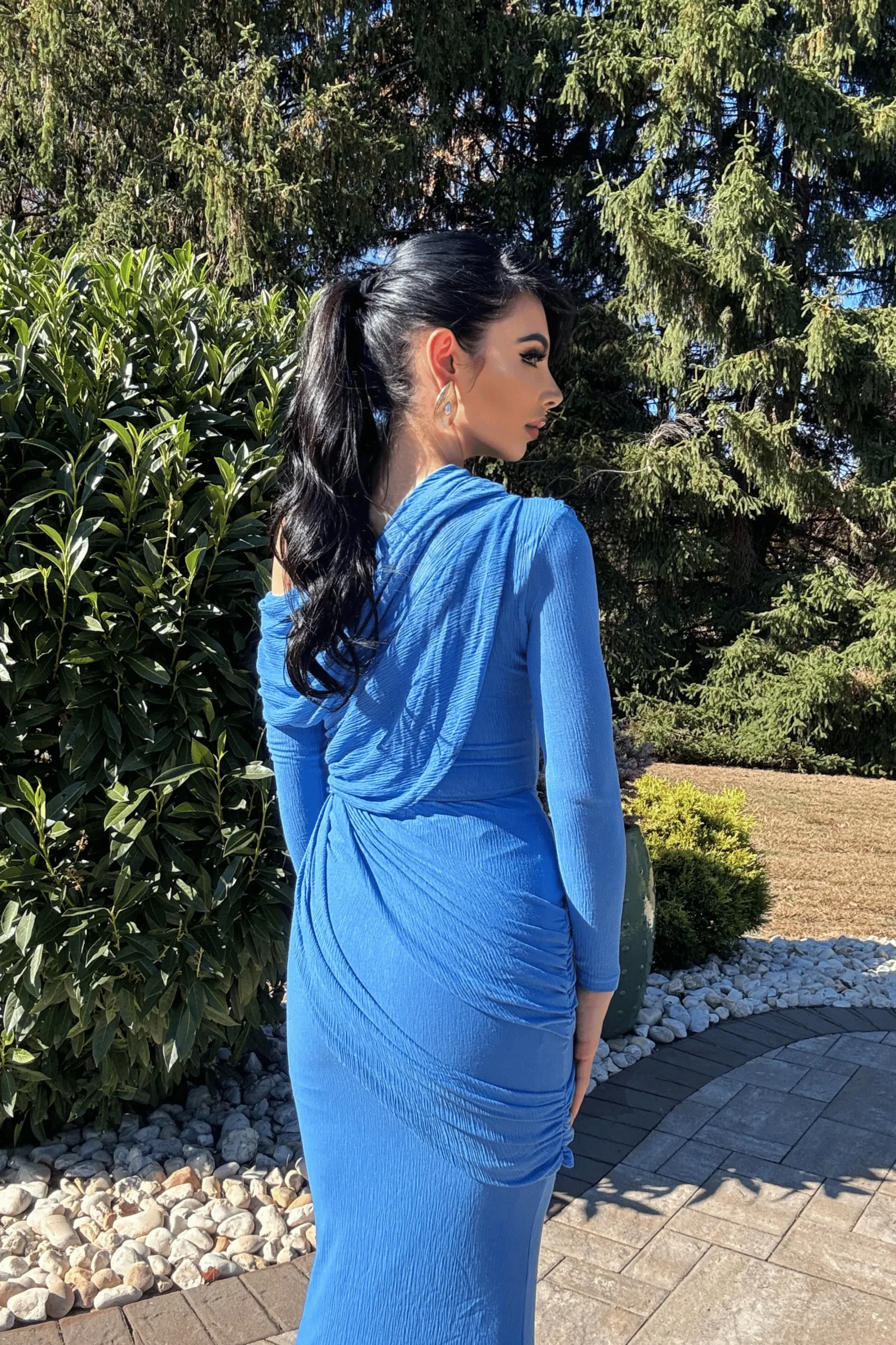 JLUXLABEL Blue Textured One Shoulder Bodysuit