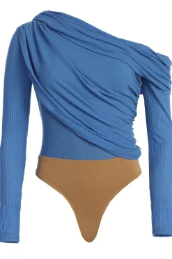 JLUXLABEL Blue Textured One Shoulder Bodysuit