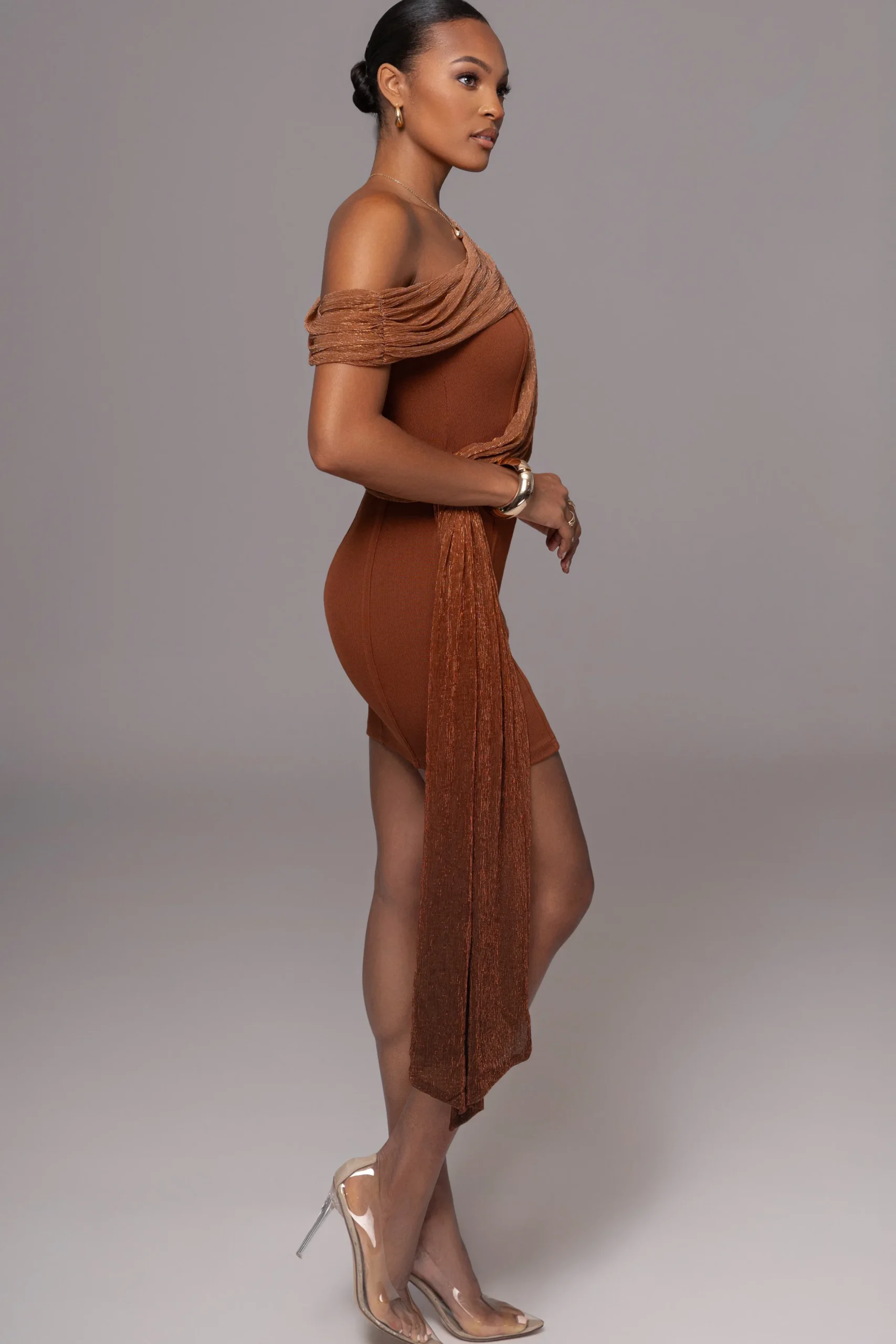 JLUXLABEL Bronze Asymmetric Drape Mini Dress