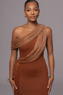 JLUXLABEL Bronze Asymmetric Drape Mini Dress
