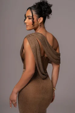 JLUXLABEL Bronze Metallic Celestina Draped Maxi Dress