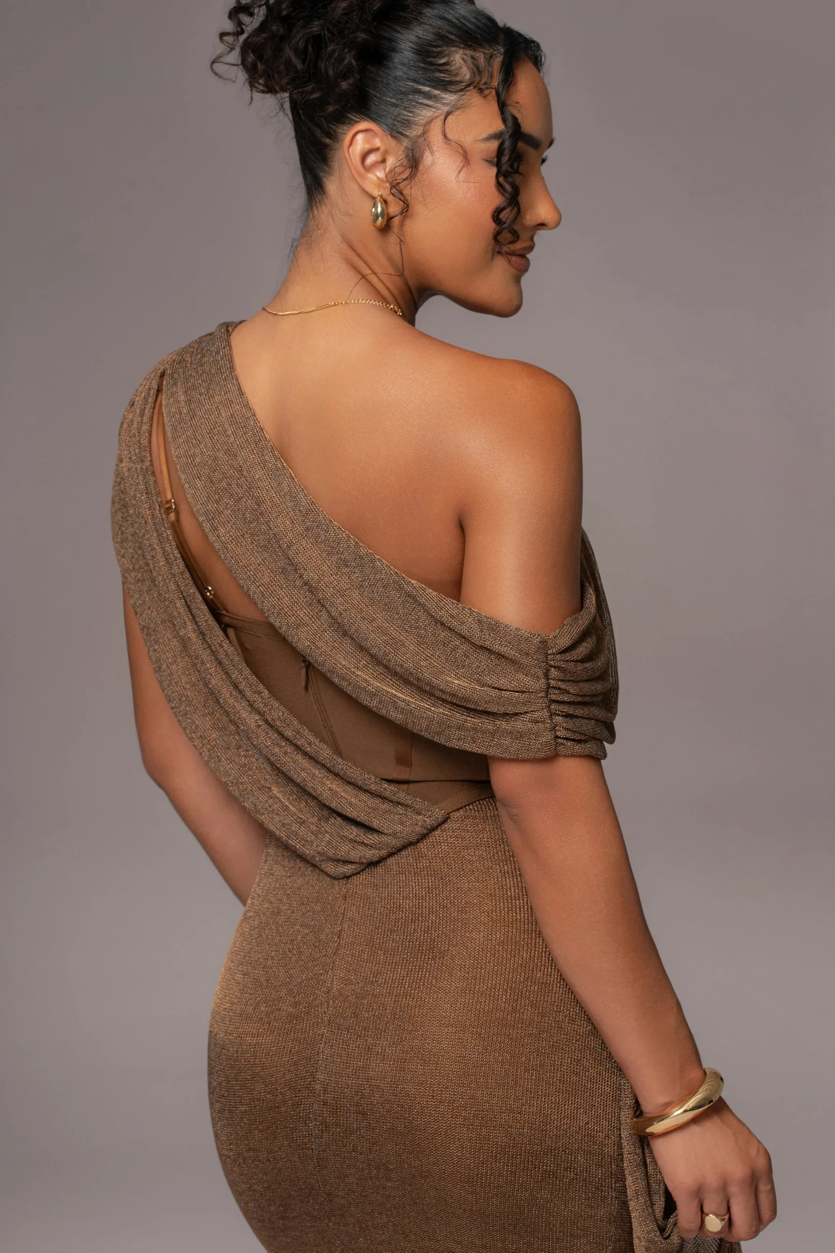 JLUXLABEL Bronze Metallic Celestina Draped Maxi Dress